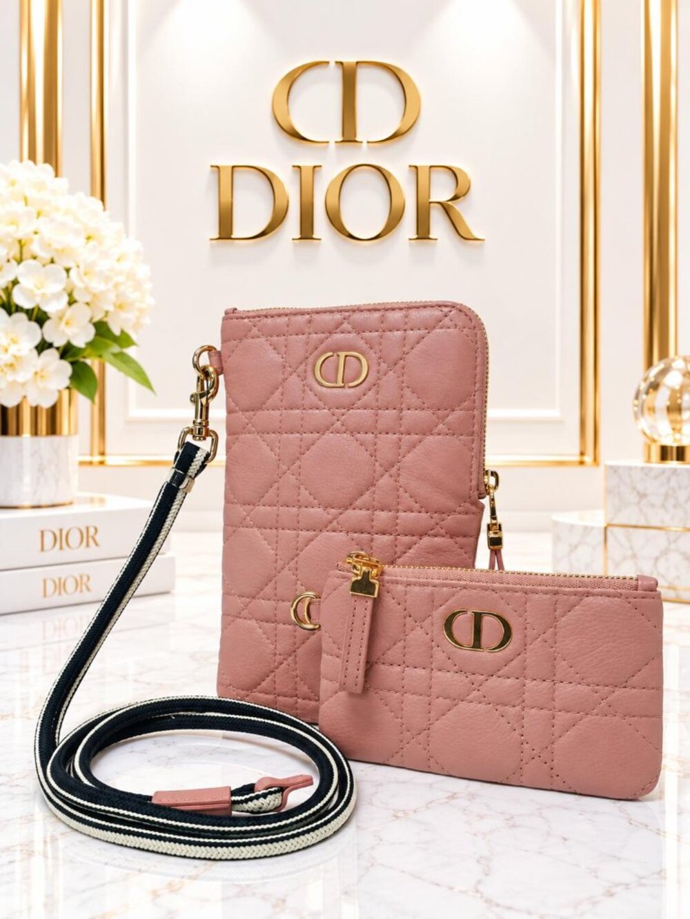 Authentic Dior Caro Pink Cannage Leather Double Pouch Crossbody Bag Gold CD Logo